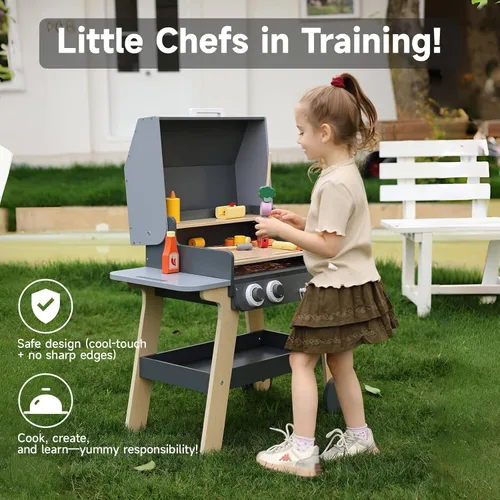Vista 4 de Juego de barbacoa para niños, juguete de cocina para niños pequeños y niños de 3 a 8 años, juguetes de cocina de madera para interiores