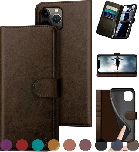 Vista 9 de DuckSky Funda tipo cartera de piel auténtica para iPhone 11 Pro con bloqueo RFID, 4 tarjeteros de crédito. Cuero auténtico. Funda protectora