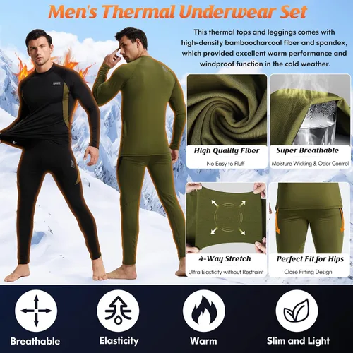 Vista 3 de romision Ropa interior térmica para hombre, conjunto de pantalones largos con forro polar, equipo de caza de invierno, capa base cálida, camiseta