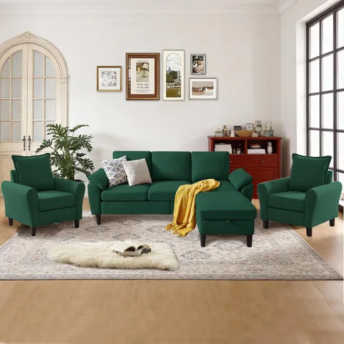 Vista 10 de Juego de sofá seccional convertible de 79", sofá moderno pequeño en forma de L de lino con otomana reversible y silla de acento, sofás de 3 asientos