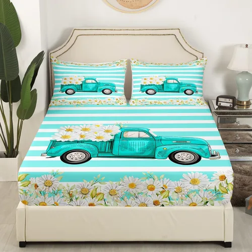 Vista 3 de Homewish Juego de sábanas con diseño de margaritas y flores para niños, juego de sábanas con diseño de rayas de color verde azulado para niños