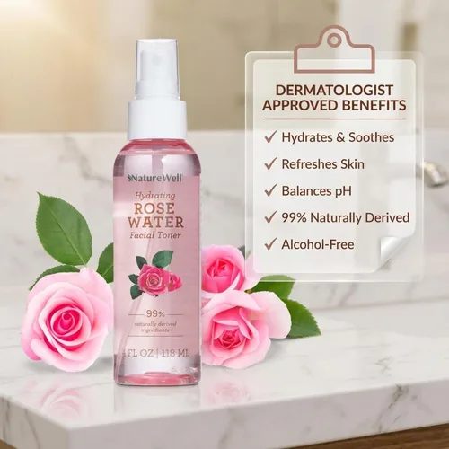 Vista 5 de NATURE WELL Rose Water - Tóner facial hidratante para piel húmeda y radiante, refrescante, acondicionador, calmante, hidratante, perfecto