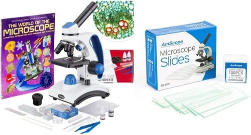 Vista 8 de AmScope M162C-2L-PB10-WM-SP14-50P100S 40X-1000X Kit de microscopio para principiantes para niños y estudiantes con kit completo de accesorios