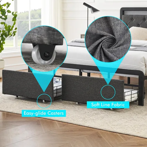 Vista 8 de Base de cama Queen con 2 cajones de almacenamiento, cabecera capitonada con botones y luces LED, cama de plataforma tapizada con almacenamiento