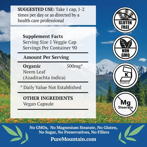 Vista 2 de Pure Mountain Botanicals Neem Cápsulas – Hoja de Neem orgánica de 500 mg – 90 cápsulas Kosher veganas – Suplemento para la piel y el bienestar