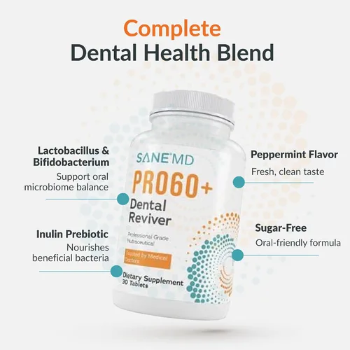Vista 4 de Sane MD PRO60+ Dental Reviver para adultos mayores de 60 años, tabletas de probióticos orales masticables para encías saludables, aliento fresco