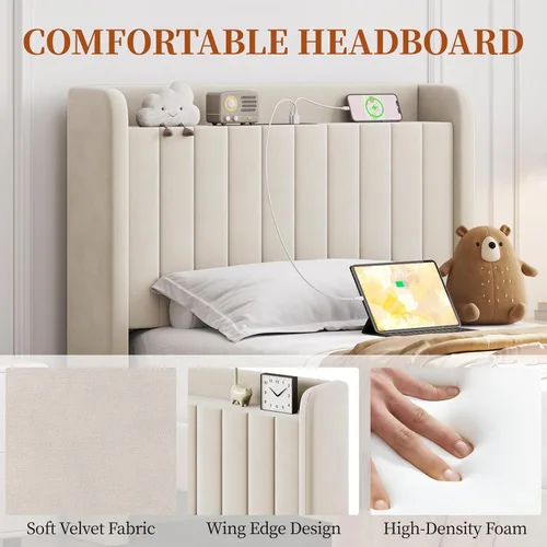 Vista 4 de Yaheetech Base de cama de plataforma doble, cabecera lateral tapizada con estación de carga USB y estante de almacenamiento, soporte de listones