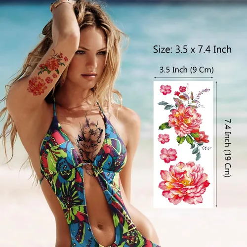 Vista 2 de Tatuajes temporales florales de 21 hojas, diseños brillantes de peonías y rosas en 3D, arte corporal impermeable para mujeres y niñas, calcomanías