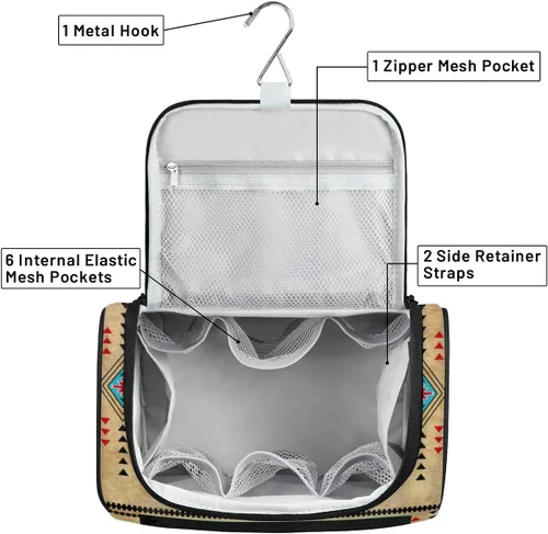 Vista 5 de Neceser de viaje para mujeres y hombres, étnico azteca, bolsa organizadora de cosméticos colgante, bolsa de maquillaje portátil resistente al agua