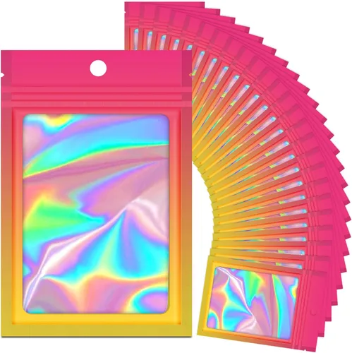 Vista 9 de 100 bolsas holográficas de Mylar degradadas con ventana transparente, bolsa con cremallera resellable, bolsas de muestras de embalaje para fiestas