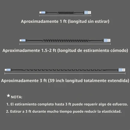 Vista 6 de Cable USB C en espiral, paquete de 2 cables de carga USB C retráctiles para iPhone 15, cable de carga de coche USB tipo C de 3 pies, cable de carga