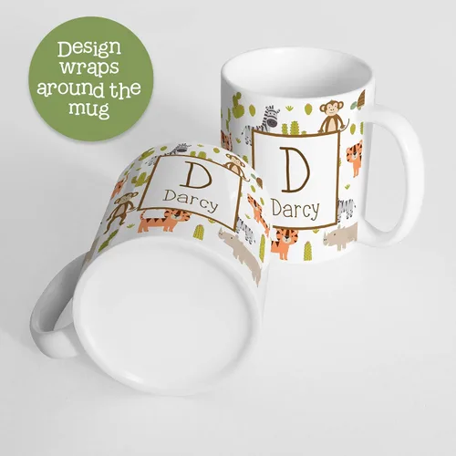 Vista 3 de Taza personalizada Safari Kids con nombre e inicial, polímero ligero