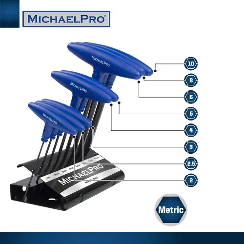 Vista 2 de MichaelPro MP001042 - Juego de llaves Allen de extremo de bola con mango en T de 8 piezas, juego de llaves hexagonales métricas