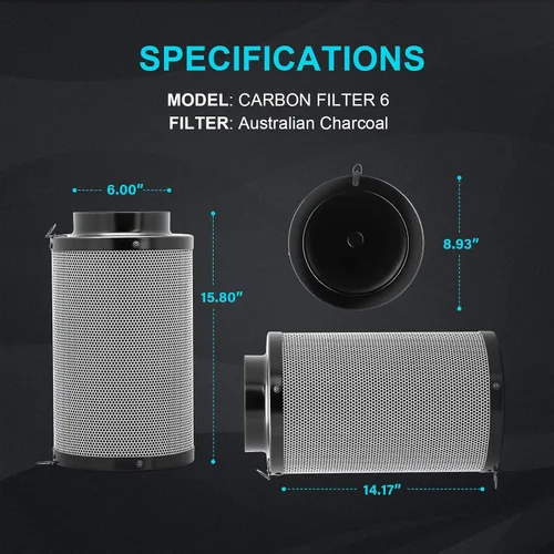 Vista 6 de iPower Control de olor de carbono de aire de 6 pulgadas con carbón virgen de Australia, brida reversible, prefiltro, ajuste con ventiladores