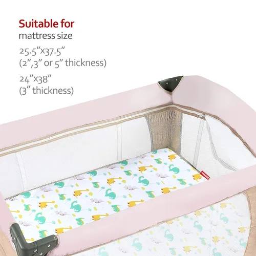 Vista 6 de Sábanas ajustables para Pack and Play, transpirables, gruesas, parque de juegos con estampado encantador 39"×27"×5", compatible con Graco Pack n