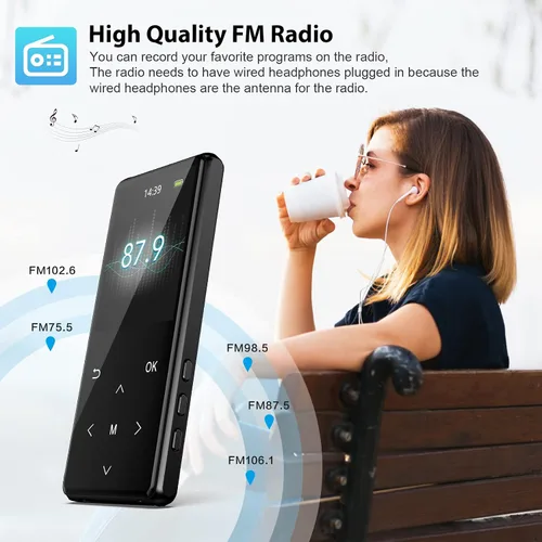 Vista 3 de Reproductor de MP3, reproductor MP3 portátil de 128 GB con Bluetooth 5.3, reproductor de música digital sin pérdida con altavoz HD, grabadora, radio