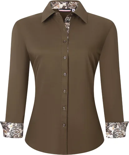 Vista 15 de WARHORSEE Blusas de vestir de manga larga con botones de algodón para mujer, blusas de trabajo elegantes de fácil cuidado, blusas casuales