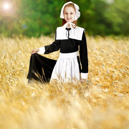 Vista 7 de Conjunto de disfraz de peregrina para niñas, vestido colonial de peregrina, disfraz de peregrina para Halloween, disfraces de cosplay para niños