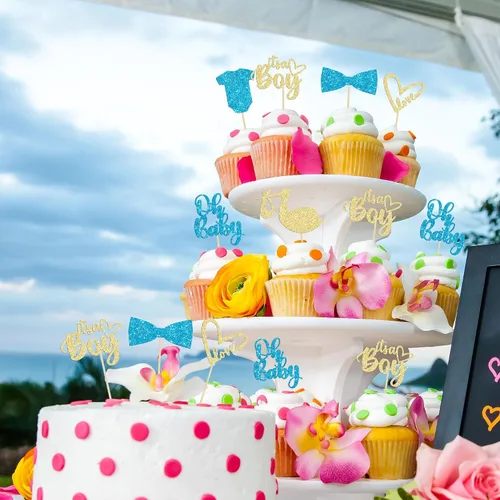 Vista 9 de Gyufise Paquete de 36 adornos para cupcakes Oh Baby ensamblados con texto en inglés "It's a Boy" con corbata, mameluco de amor, corazón, purpurina