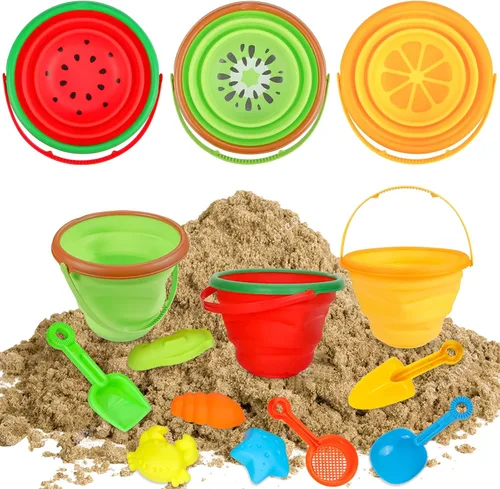 Vista 7 de Juego de juguetes de arena de playa para niños, cubo de playa plegable de silicona plegable para viajes, juguetes de playa para verano al aire