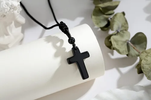 Vista 2 de Collar de cristal de obsidiana, collares de cristales de cruz, cuerda negra, piedra preciosa Reiki, joyería de cuarzo energético para hombres