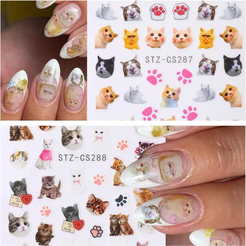 Vista 3 de 6 hojas de calcomanías de arte de uñas de animales autoadhesivas 3D, diseño de letras de gato, divertidas calcomanías de uñas para primavera