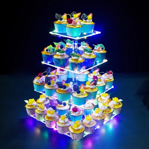 Vista 12 de Soporte para Cupcakes, Soporte Redondo para Cupcakes de 4 Niveles con Tira de Luces LED, Torre de Exhibición de Cupcakes de Acrílico para Bodas, Azul