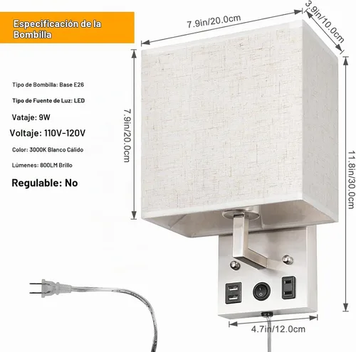 Vista 2 de CADUKE Juego de 2 lámparas de pared de noche, lámpara de pared enchufable con puertos de carga USB y toma de corriente alterna, apliques de pared