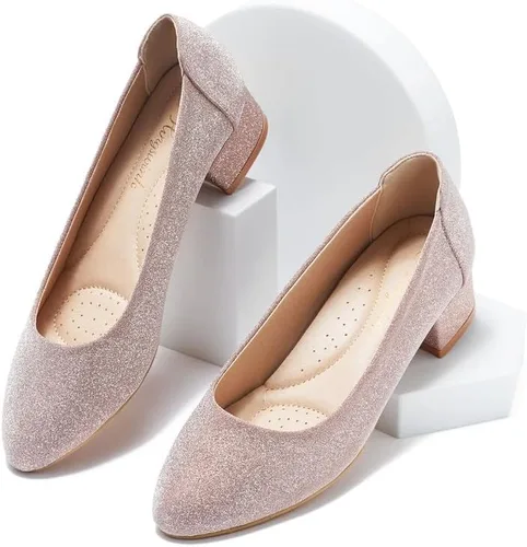 Vista 4 de hingswink Womens Rose Gold Champagne Pumps for Women 1.4 Inch Shoes for Women Low Heel Closed Toe Dress Shoes for Women Comfortable Dressy Low Heel