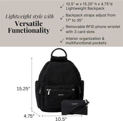Vista 28 de Baggallini Mochila todo el día para mujer con pulsera de teléfono RFID, Negro, talla única