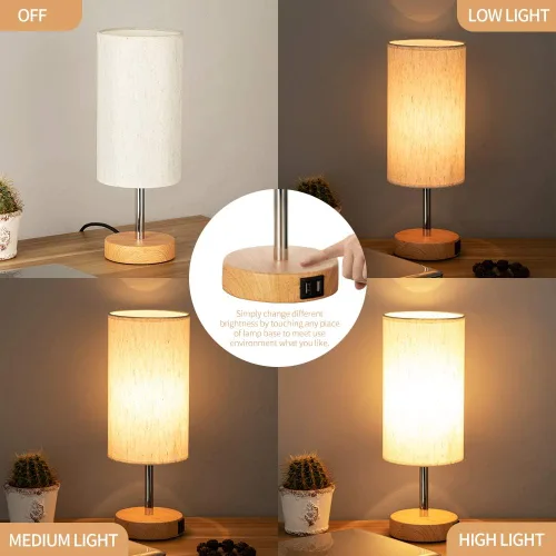 Vista 2 de Yarra-Decor Lámparas de noche con puerto USB, lámpara de mesa con control táctil para dormitorio, de madera, de 3 vías, regulable, juego de 2