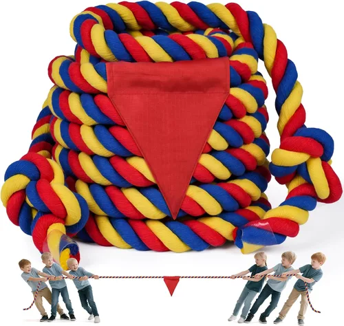 Vista 9 de Cuerda de guerra de tira y afloja para niños y adultos, cuerda de guerra con etiqueta de 25 pies con bandera para exteriores, carnaval exterior, Azul