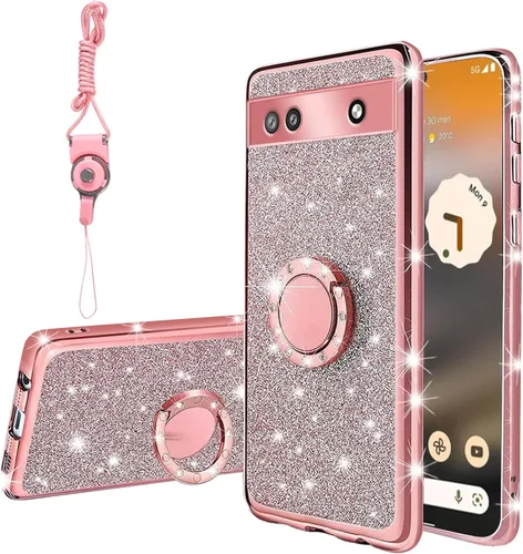Vista 68 de Funda compatible con Google Pixel 6 Pro para mujer, con purpurina, suave, elegante, transparente, TPU de lujo, bonita funda protectora con correa