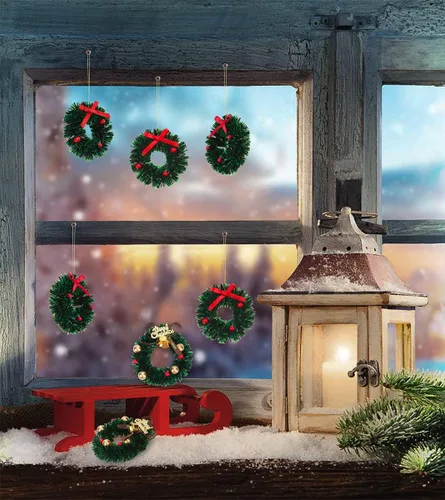 Vista 4 de 10 piezas de mini coronas navideñas artificiales, adornos de coronas navideñas en miniatura para casa de muñecas, mini corona navideña para puertas