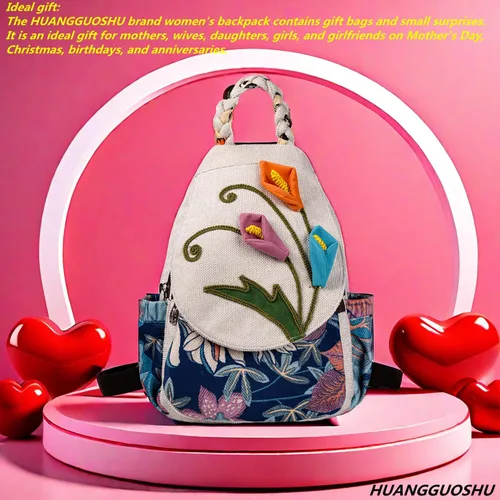 Vista 135 de HUANGGUOSHU Mochila de algodón tejida de algodón bohemio con bordado de lona estilo bohemio con múltiples bolsillos retro linda mochila cartera