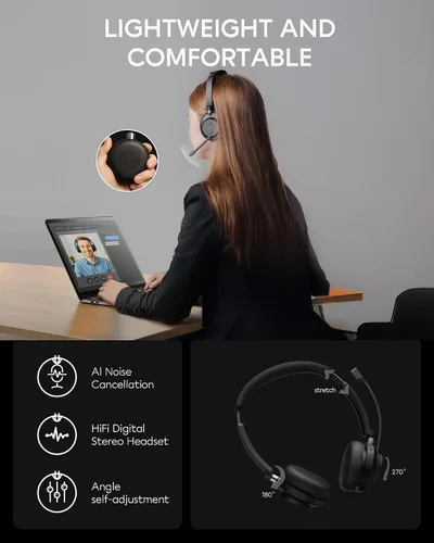 Vista 4 de Auriculares inalámbricos Bluetooth con micrófono para el trabajo, Bluetooth 5.3, micrófono de reducción de ruido con voz HD, sonido estéreo de alta