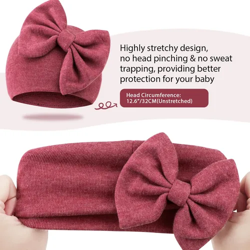 Vista 6 de BQUBO Gorros para Niñas Recién Nacidas Conjunto de Gorro y Manoplas para Bebé Gorros para Infantes con Moño Gorro de Hospital con Manoplas