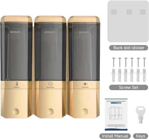 Vista 9 de Dispensador de champú y acondicionador, dispensador de ducha de 3 cámaras sin taladro, dispensador de champú montado en la pared para ducha