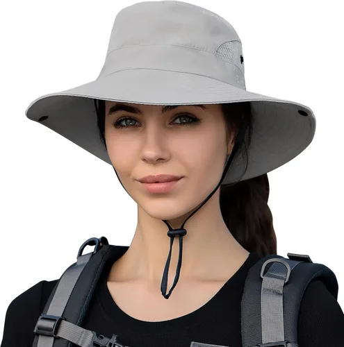 Vista 7 de Sombrero de sol para mujer con protección UV, malla plegable, ala ancha, sombrero de pesca para playa