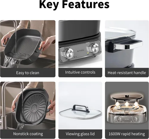 Vista 13 de Sartén eléctrica de 6 cuartos con parrilla Olla antiadherente con revestimiento cerámico libre de PFOA, 1600W, temporizador y 3 configuraciones