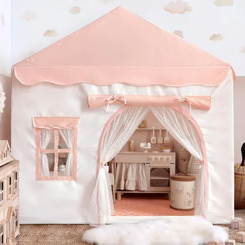 Vista 12 de Tienda de campaña para niños con doble puerta castillo de juegos para niños - Beige Kids Tent with Mat, Two Doors Fantasy Adventure Play House for