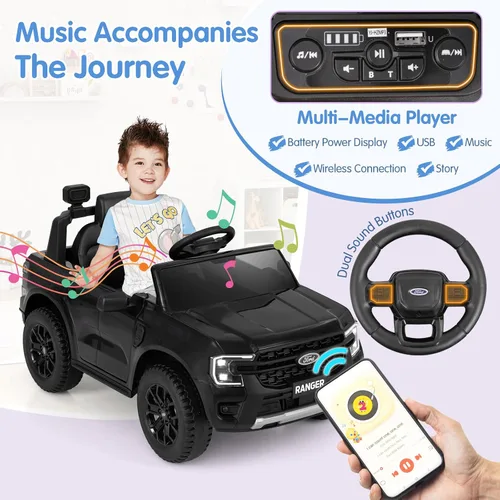 Vista 3 de HONEY JOY Vehículo eléctrico Ford Ranger con licencia de 12 V para niños, suspensión de resorte, música y 3 velocidades, bocina, luces LED, juguete