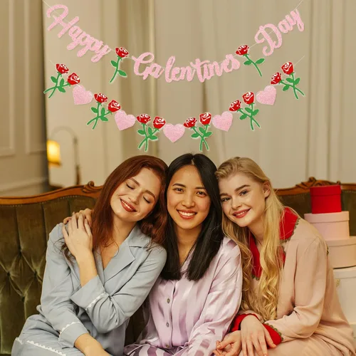 Vista 7 de Cartel de Feliz Día de Galentine – Decoración del Día de Galentine con purpurina rosa, pancarta de guirnalda de corazón rosa para damas, niñas