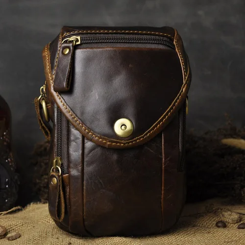 Vista 5 de Le'aokuu Bolso de hombro de mensajero pequeño casual de cuero original para hombre, bolso de cinturón de cintura a la moda, paquete de cigarrillos