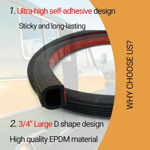 Vista 4 de Tira de Sello de Goma en Forma de D, Burletes de Goma EPDM Autoadhesivos de 3/4" para Automoción, Barco, Sello Deslizante de RV, Marina, Puertas