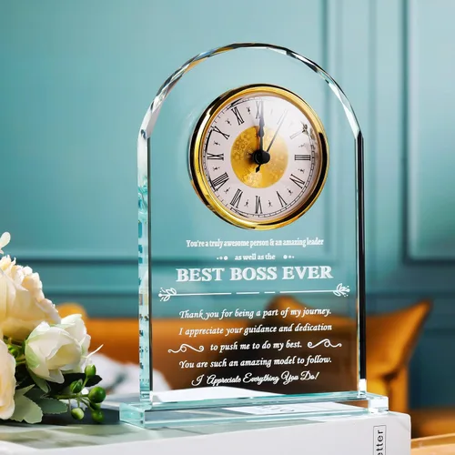 Vista 2 de YWHL Regalos de cumpleaños para mujeres y hombres, regalo significativo de agradecimiento para mujeres, reloj de mesa de vidrio grabado con láser