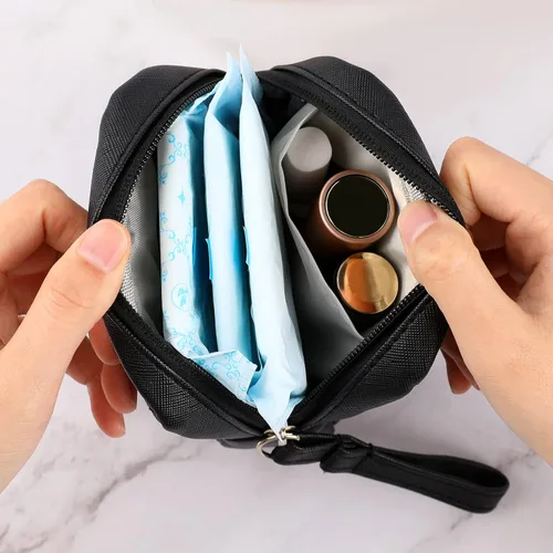 Vista 2 de Bolsa de almacenamiento de servilletas sanitarias, bolsa de período, bolsa de período, almohadilla menstrual femenina, organizador de tampones, Negro