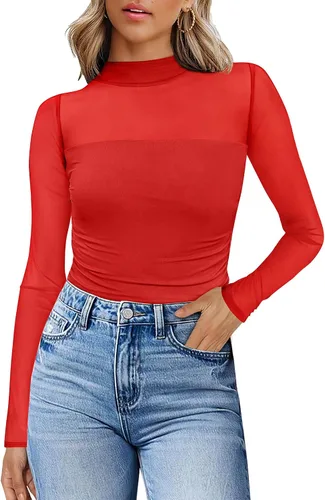 Vista 31 de Camisas de manga larga de malla sexy para mujer, ropa de moda, cuello de tortuga, drapeada, para salir, trajes de otoño, blusas ajustadas Negro