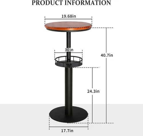 Vista 2 de Topower Mesa de pub industrial 19.7 "redonda de madera de pino maciza superior de doble capa 41.3 "H mesa de barra negra