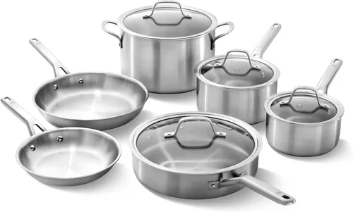 Vista 8 de Calphalon Juego de utensilios de cocina de acero inoxidable cepillado de 3 capas con Turbo Heat Tech 3 piezas, incluye juego de sartenes para freír